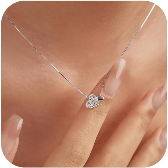 Sterling Silver Heart Necklace for Women 15.74" +2" Extender Gold Plated CZ - Picture 1 of 6